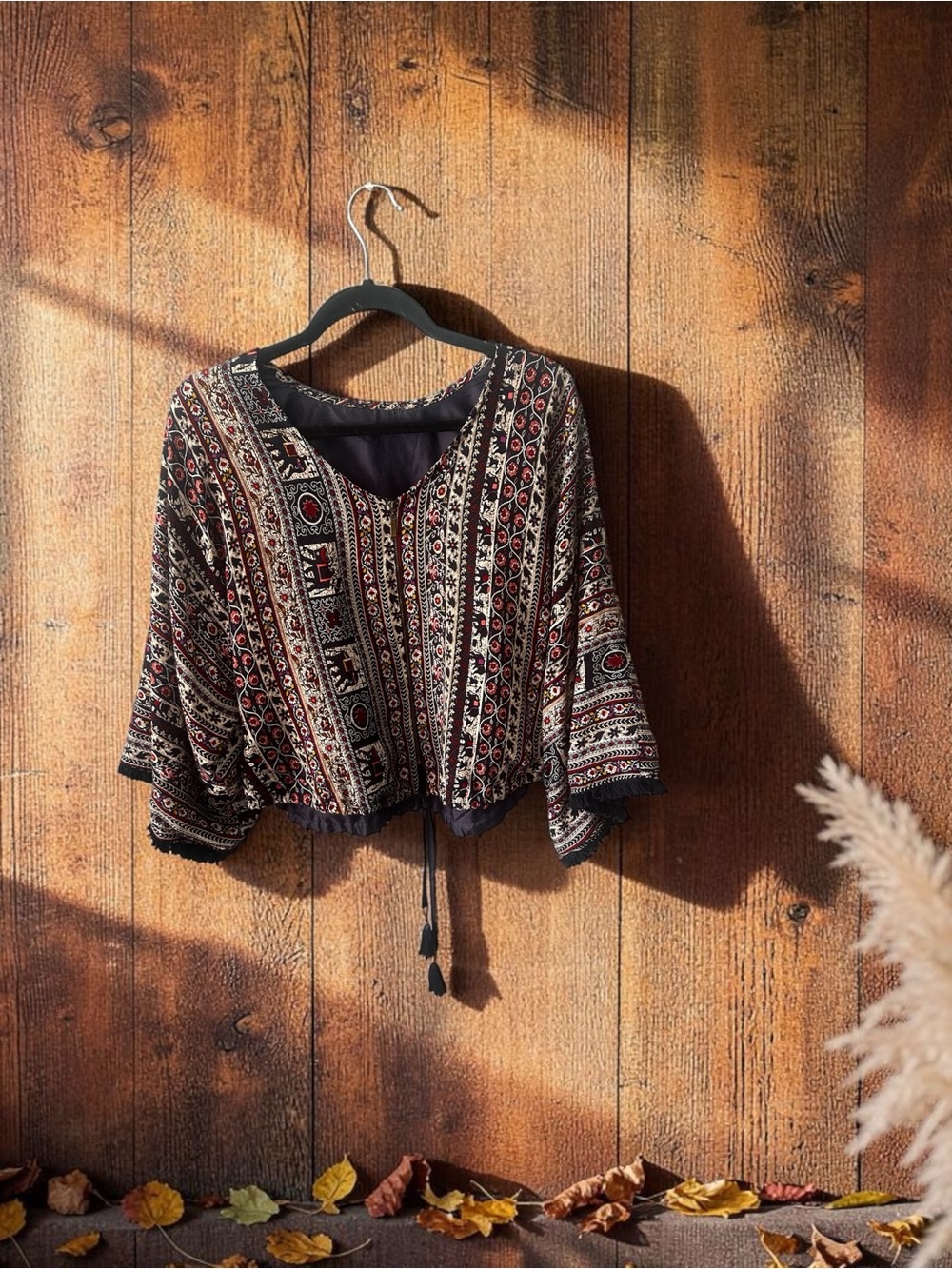 Boho Patterned Silky Kimono Blouse | Drawstring Hem & Tassel Detail